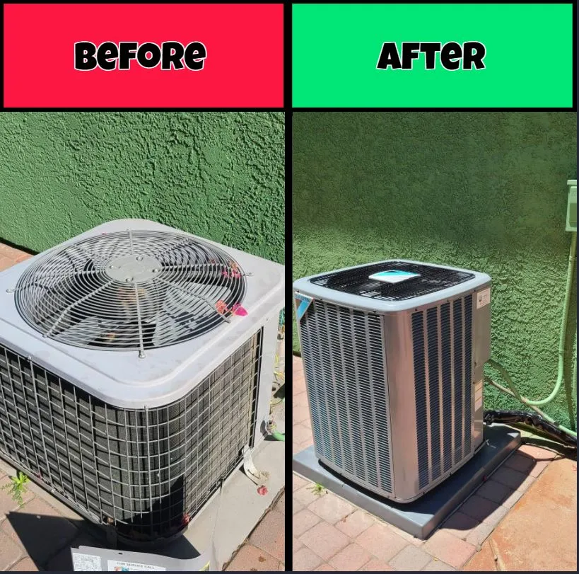 Before and after comparison of HVAC air conditioning units, showcasing an old unit on the left and a new, modern unit on the right, emphasizing upgrades in air conditioning systems for improved efficiency and service by Comfort Heroes in Newbury Park, CA.
