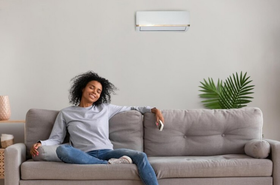 Woman relaxing on a gray sofa with a remote, enjoying comfortable indoor climate from a ductless air conditioner on the wall, with a green plant in the background.