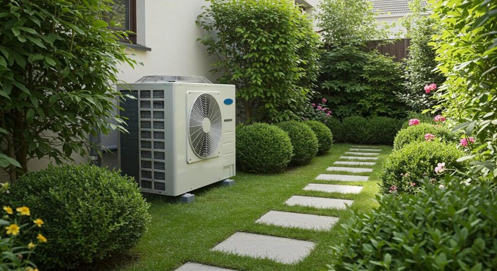 Clean outdoor AC unit in a well-maintained garden, illustrating effective outdoor unit care and maintenance