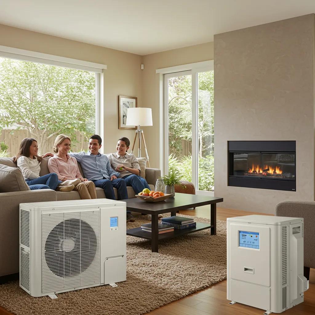 A happy family enjoying a perfectly comfortable home thanks to a high-efficiency heat pump, illustrating significant energy savings and indoor comfort