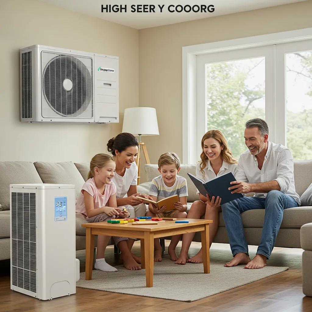 A happy family enjoying a cool, comfortable home environment, with a high-SEER air conditioner subtly visible, emphasizing lifestyle benefits