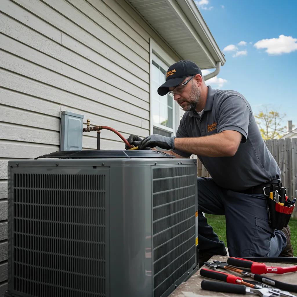 HVAC technician performing maintenance on an air conditioning unit, showcasing professional service and system care