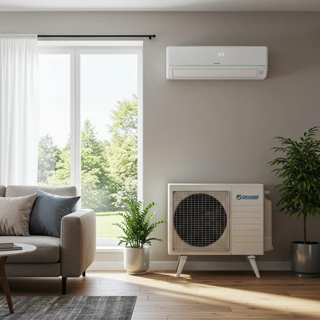 Modern energy-efficient air conditioner in a bright living room, emphasizing comfort and style