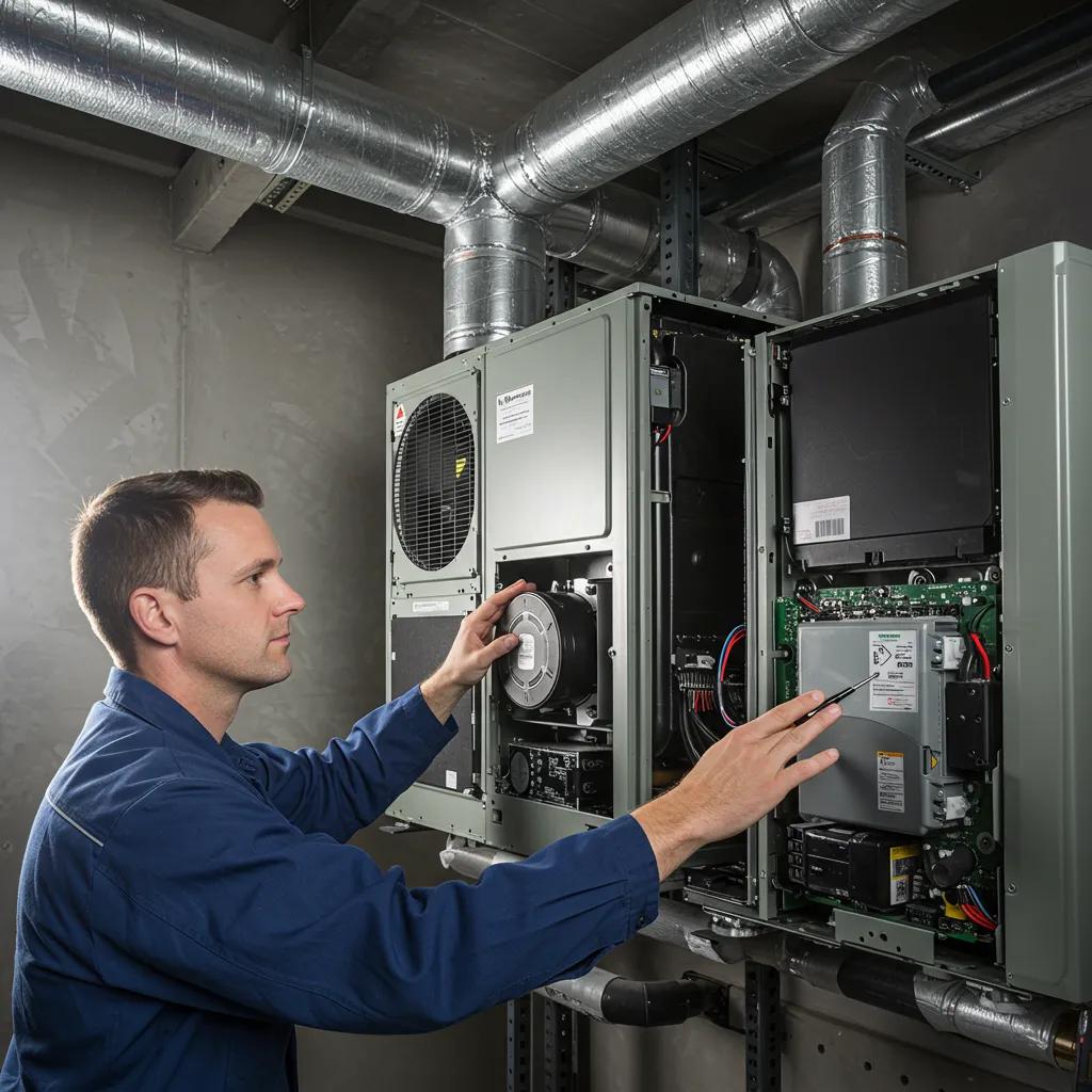 A skilled technician carefully inspecting an energy-efficient HVAC system, highlighting its advanced components and expert installation