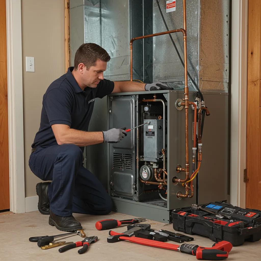 A technician performing maintenance on a furnace, emphasizing the importance of regular HVAC upkeep