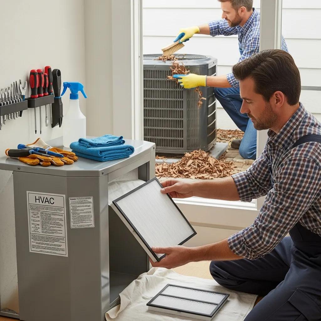 Your Ultimate HVAC Service Checklist for Year-Round Comfort 2 Homeowner doing seasonal HVAC maintenance — simple DIY tasks that boost system efficiency