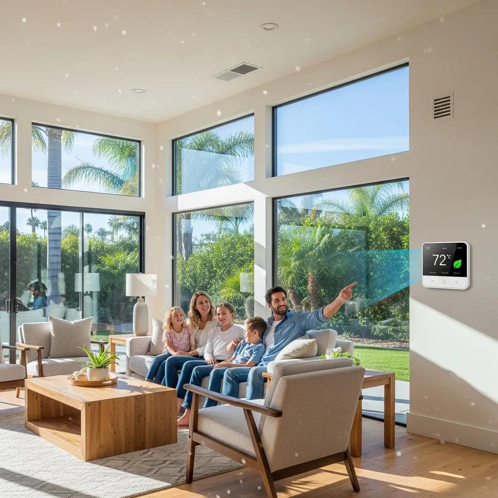 Southern California living room with energy-efficient HVAC system and smart thermostat