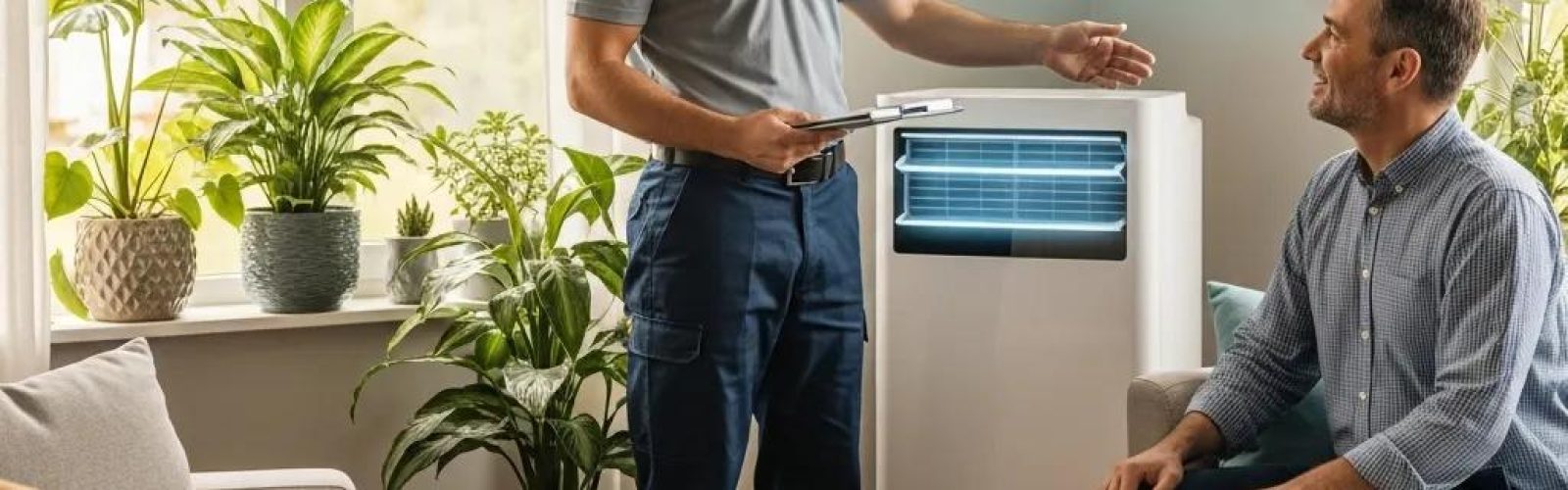 HVAC technician discussing options with homeowner in a cozy living room