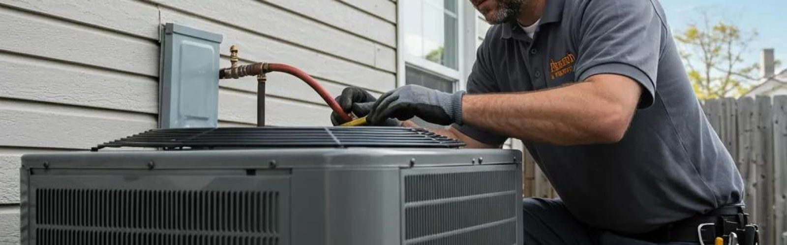 HVAC technician performing maintenance on an air conditioning unit, showcasing professional service and system care