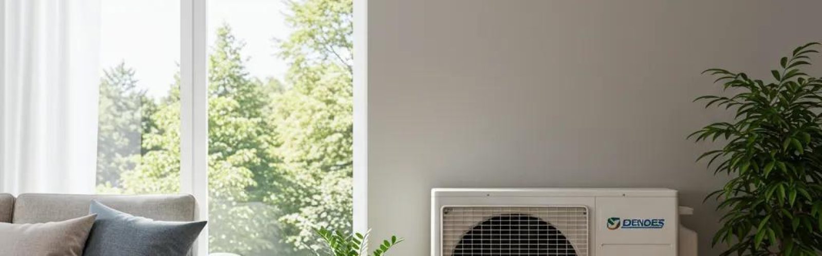 Modern energy-efficient air conditioner in a bright living room, emphasizing comfort and style